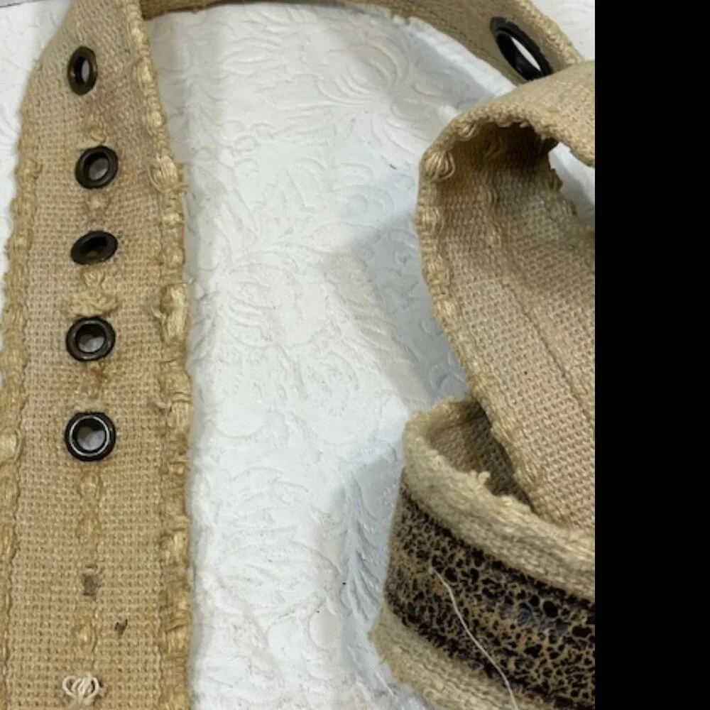 Beige Distressed Canvas Faux Leather Accents Metal Grommet Holes Belt 37